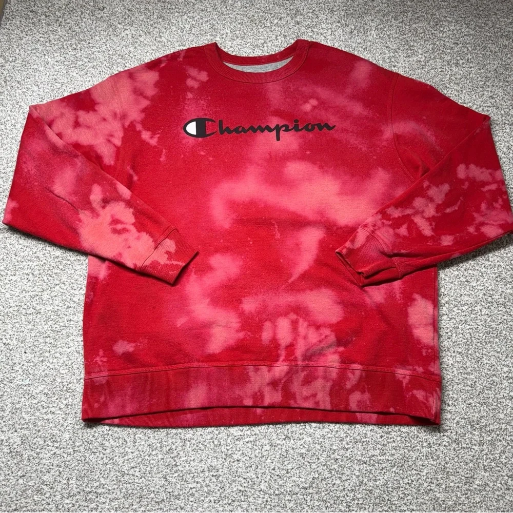 Men’s Champion Red Reverse Weave Tie-Dye Crewneck Fleece Lined Sweater‎ Size 2XL